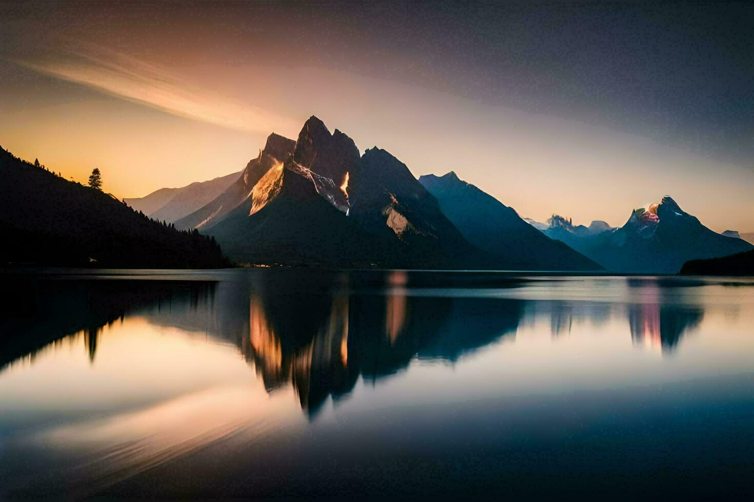 mountains reflected in a lake at sunset. AI-Generated photo