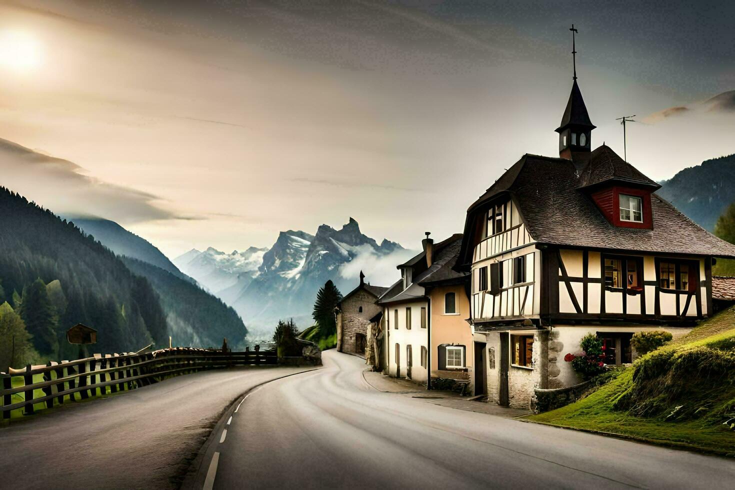 a road in the mountains with a house and mountains in the background. AI-Generated photo