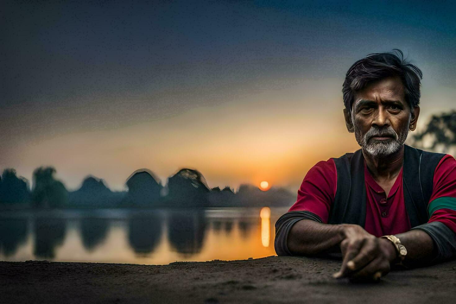 a man sitting on the ground near a lake at sunset. AI-Generated photo