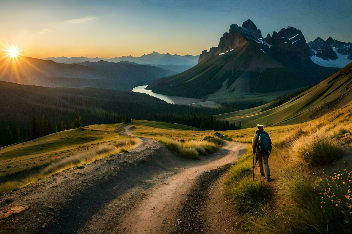 a man walking on a dirt road in the mountains. AI-Generated photo