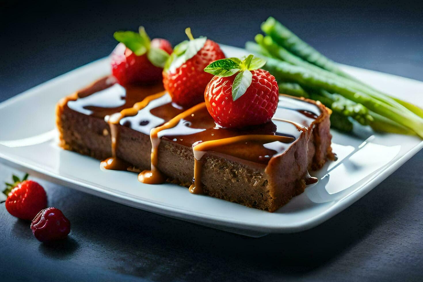 a piece of chocolate cake with strawberries and asparagus. AI-Generated photo