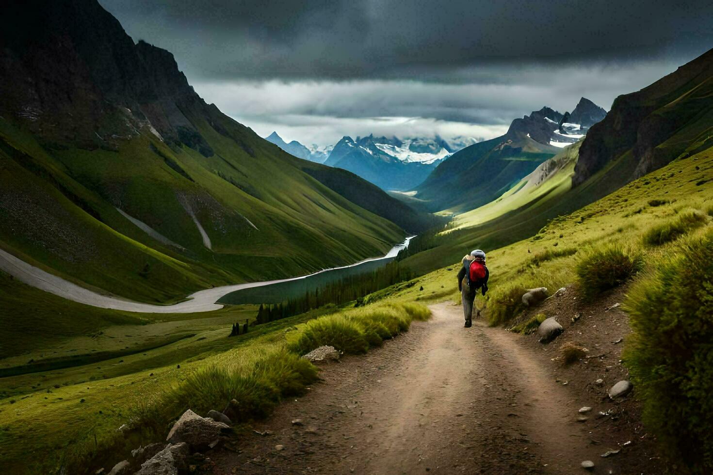 a man walks down a dirt road in the mountains. AI-Generated photo