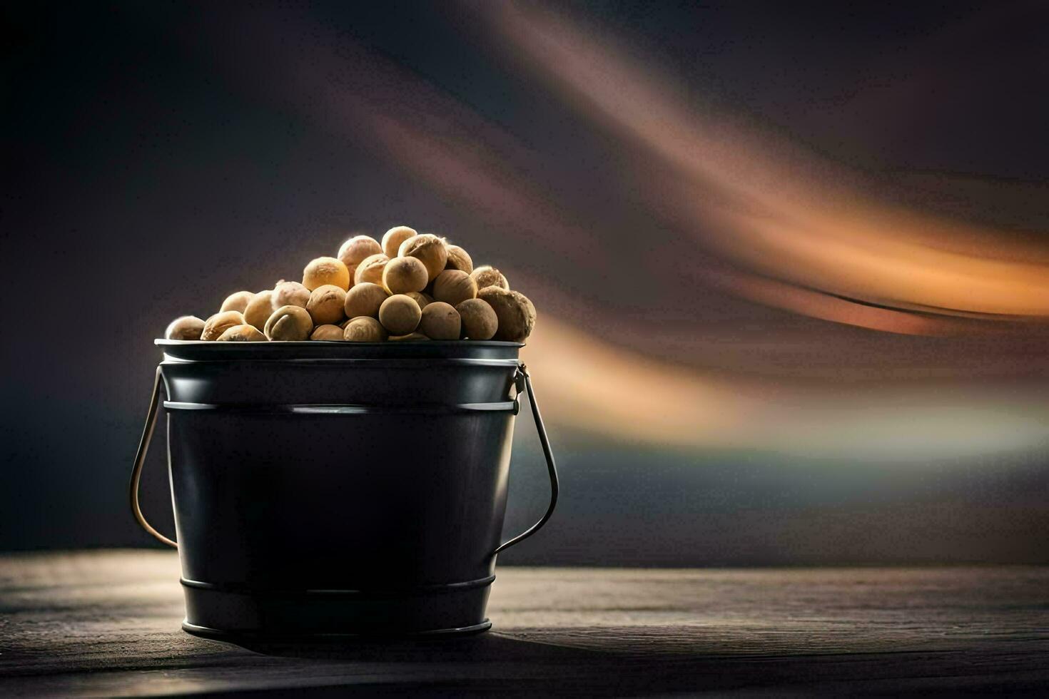 a bucket filled with peanuts on a table. AI-Generated photo