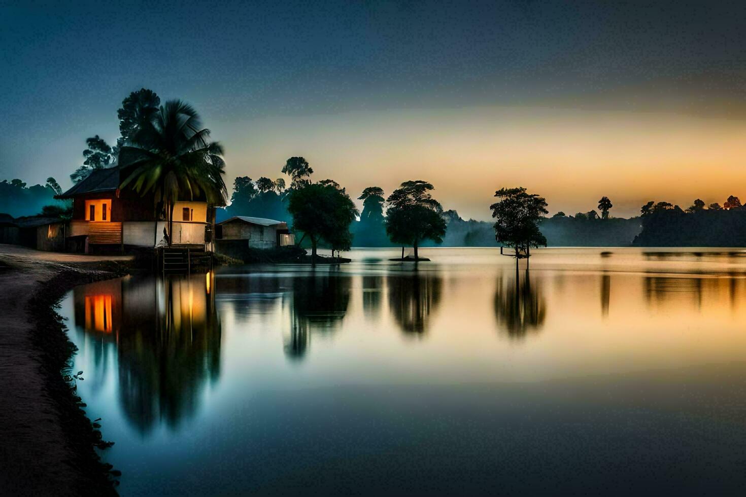 a house on the shore of a lake at sunset. AI-Generated photo