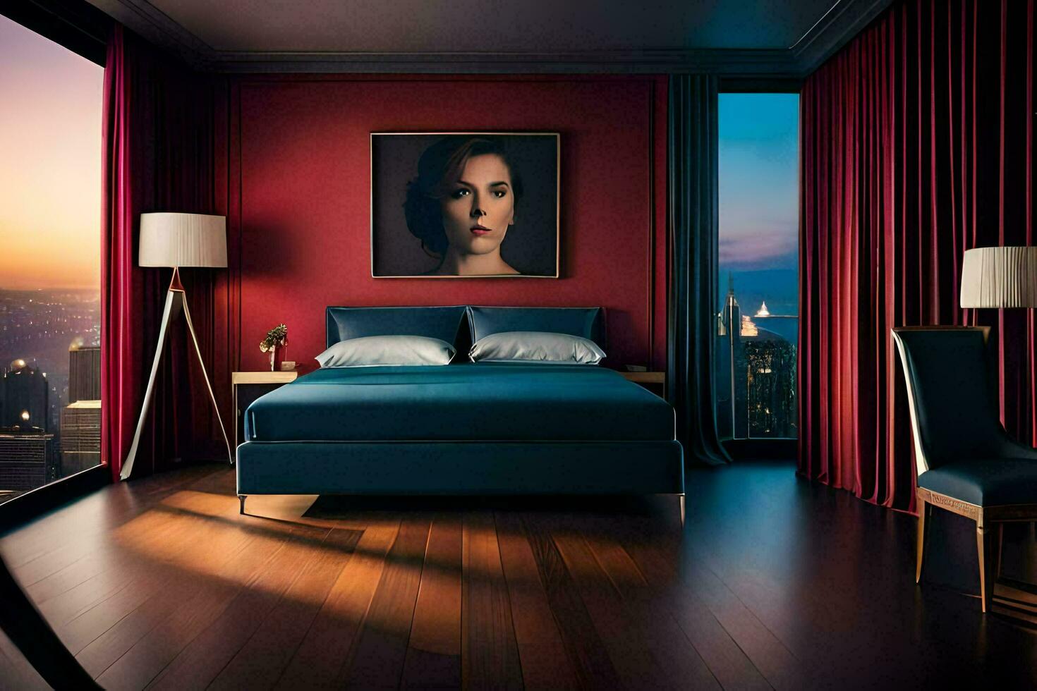 a bedroom with a large bed and a painting of a city. AI-Generated photo