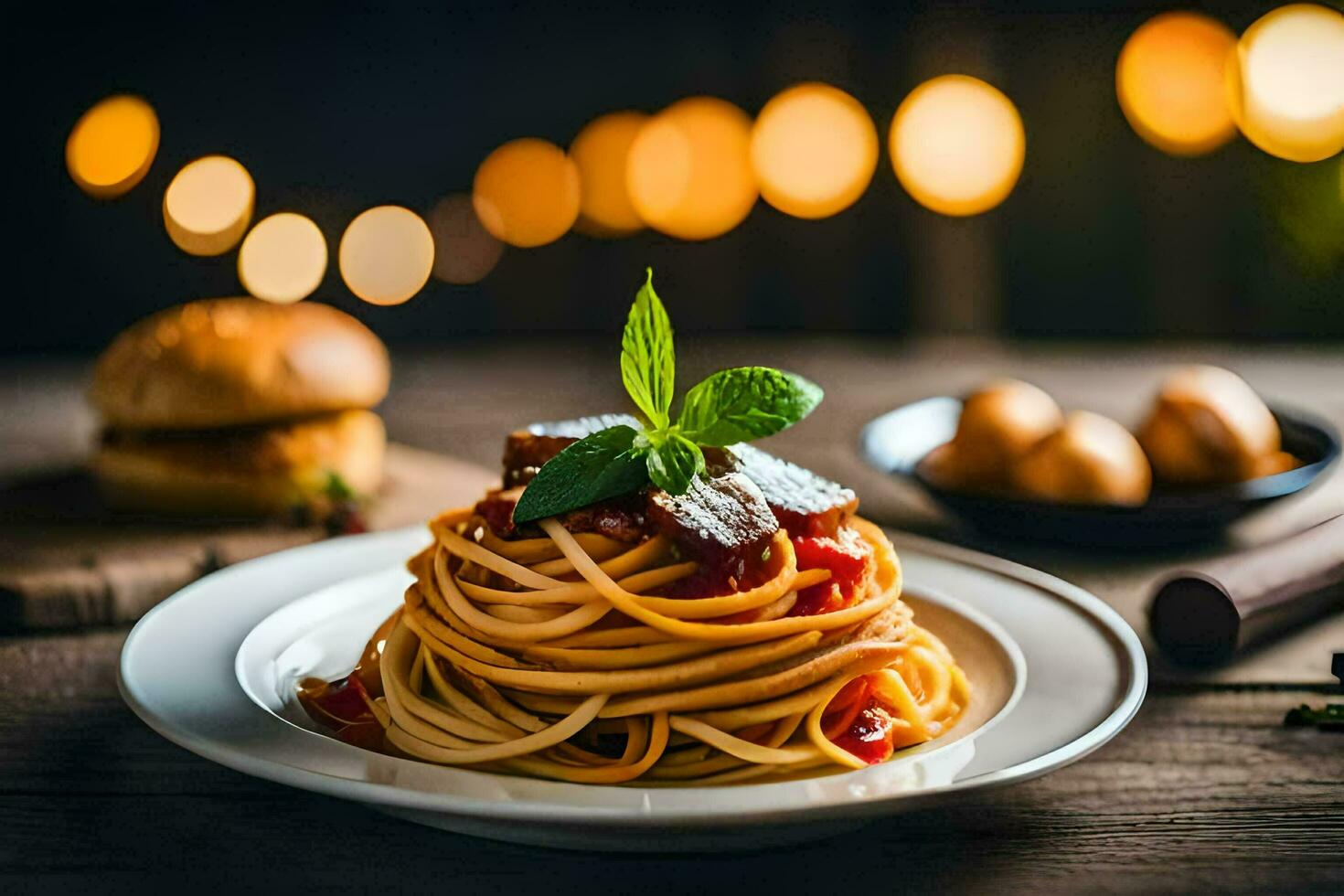 spaghetti with meat and tomato sauce on a plate. AI-Generated photo