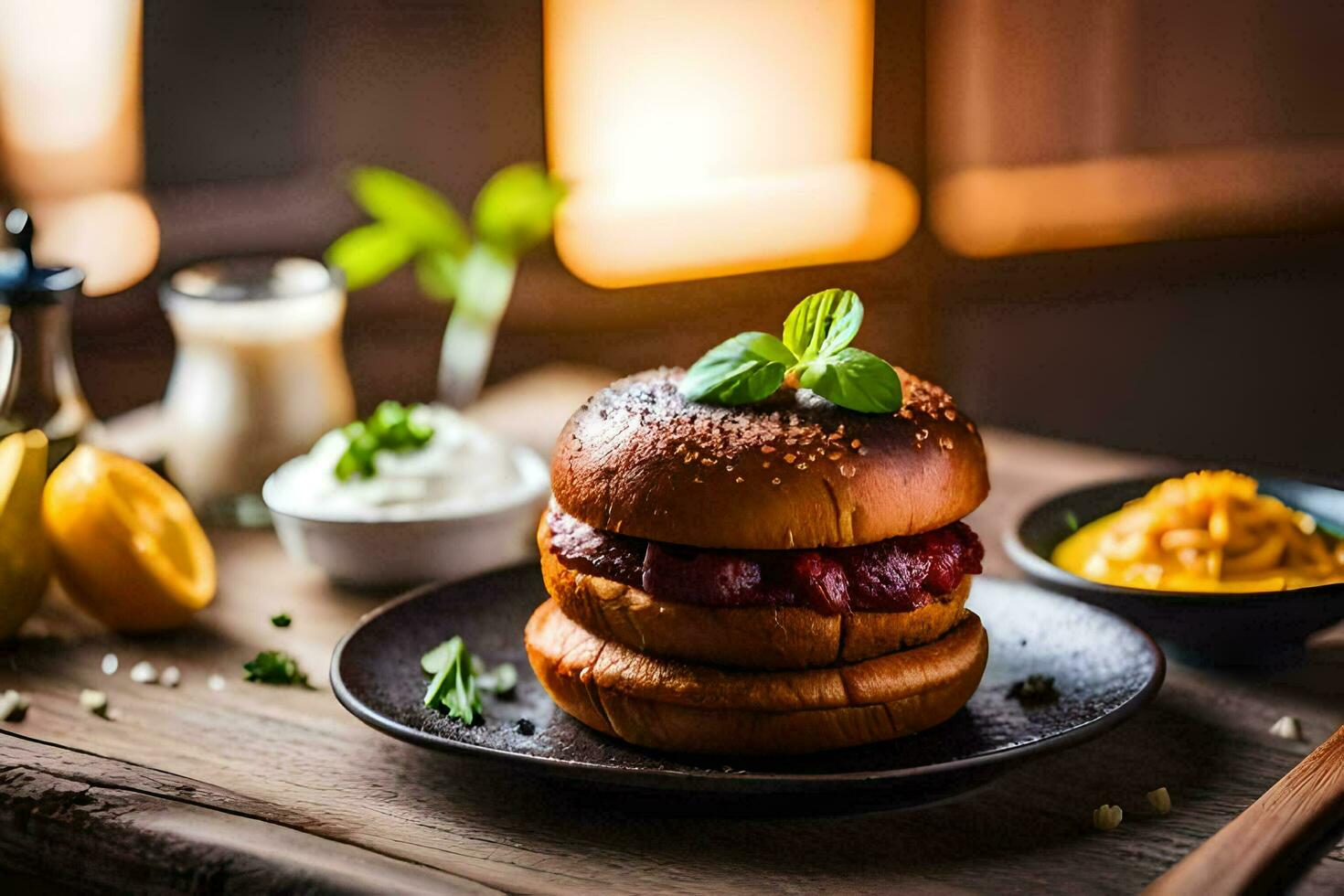 a hamburger with a pickle and mustard on a plate. AI-Generated photo