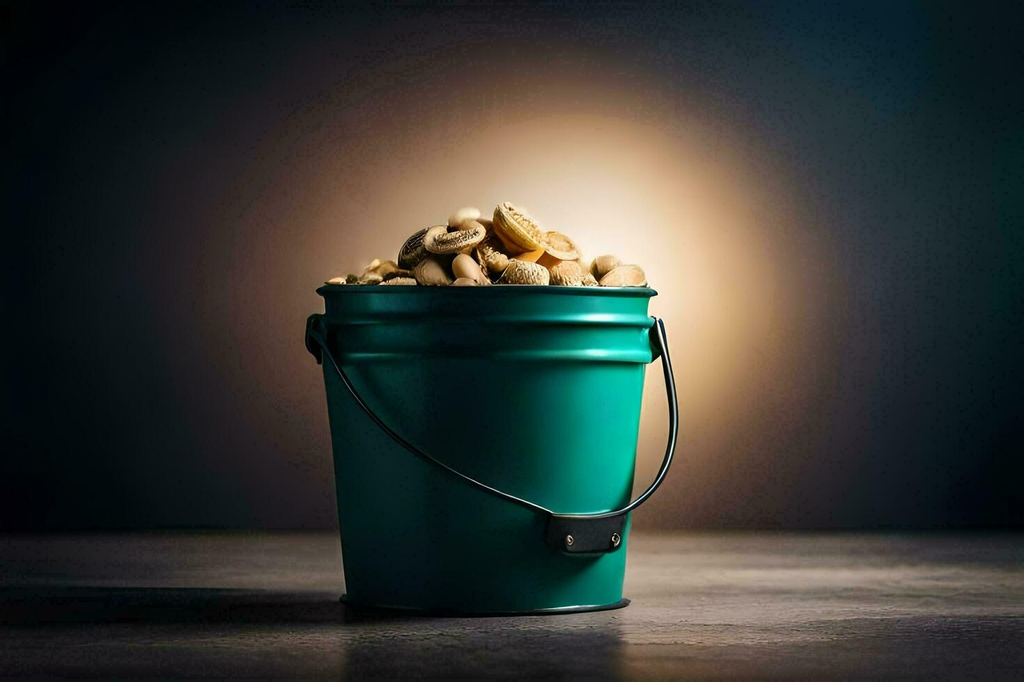 a green bucket filled with peanuts on a wooden table. AI-Generated photo
