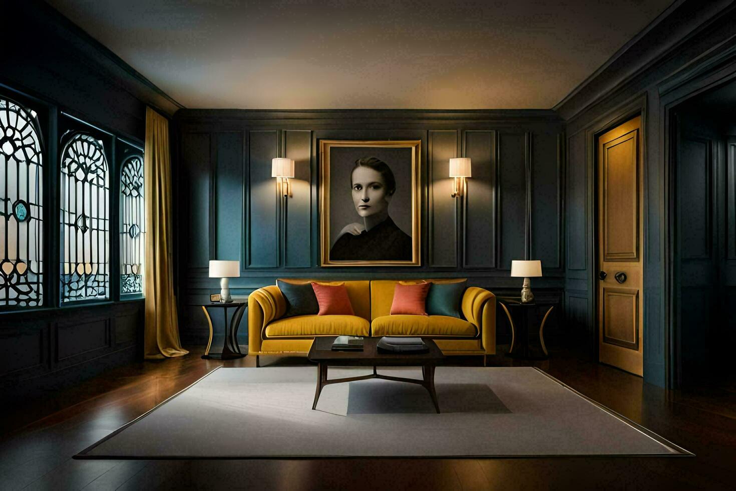 a living room with a painting on the wall. AI-Generated photo