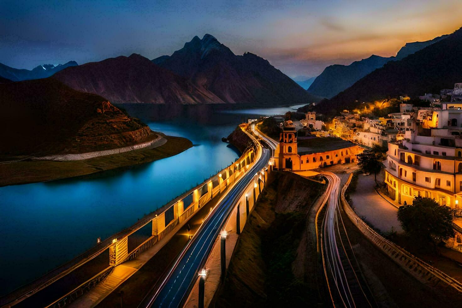 a bridge over a river and mountains at night. AI-Generated photo