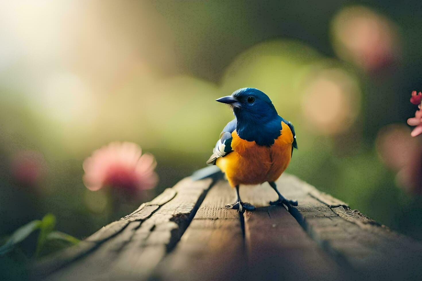 a blue and orange bird sits on a wooden plank. AI-Generated photo