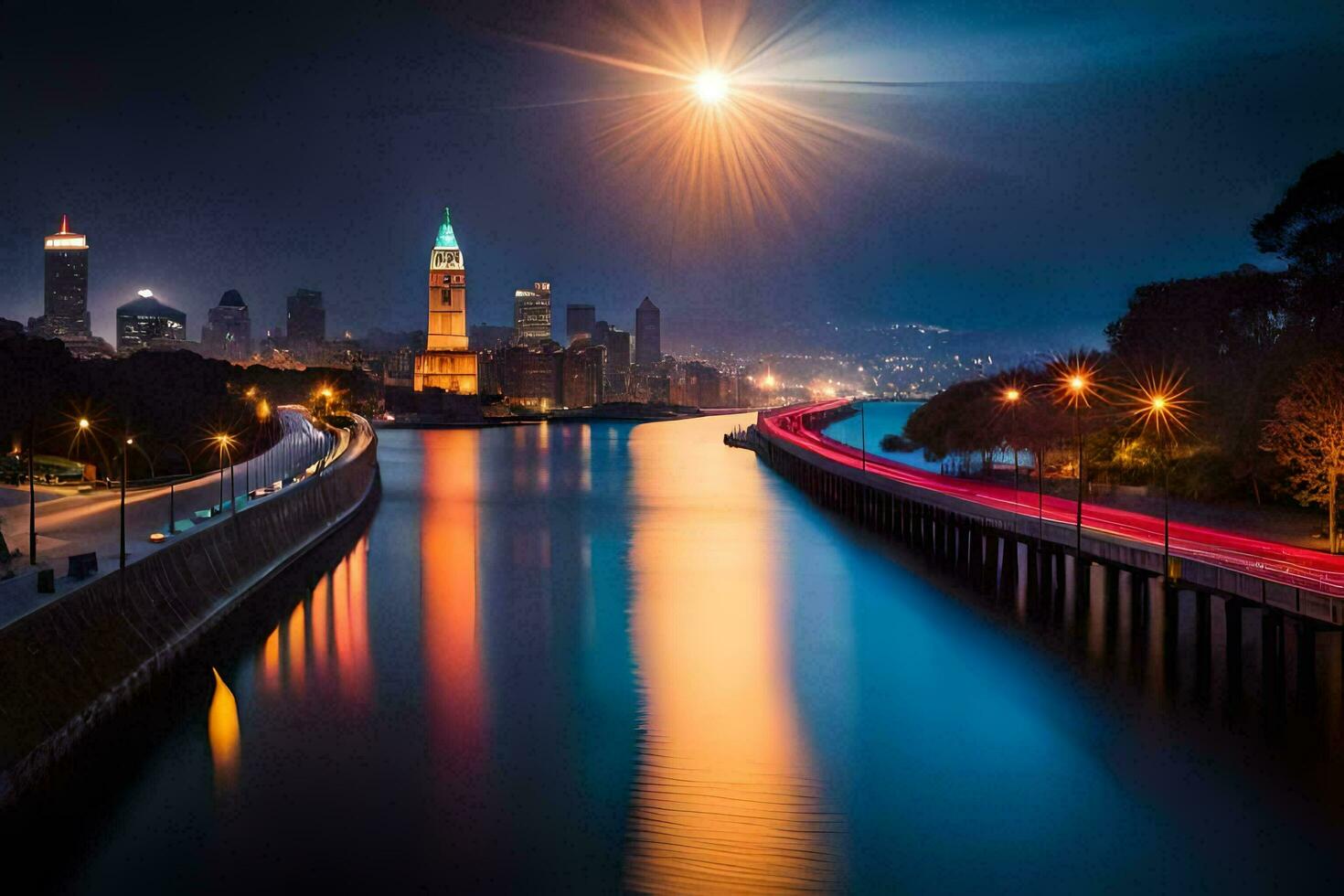 un ciudad horizonte a noche con un río y un puente. generado por ai foto