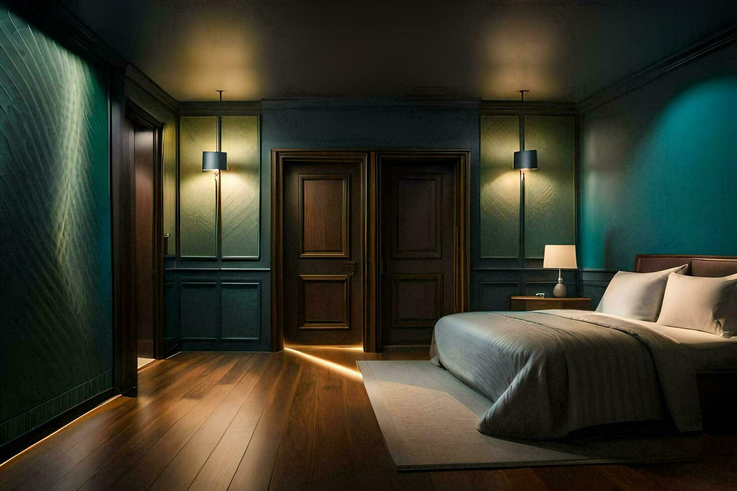 a bedroom with dark wood floors and blue walls. AI-Generated photo