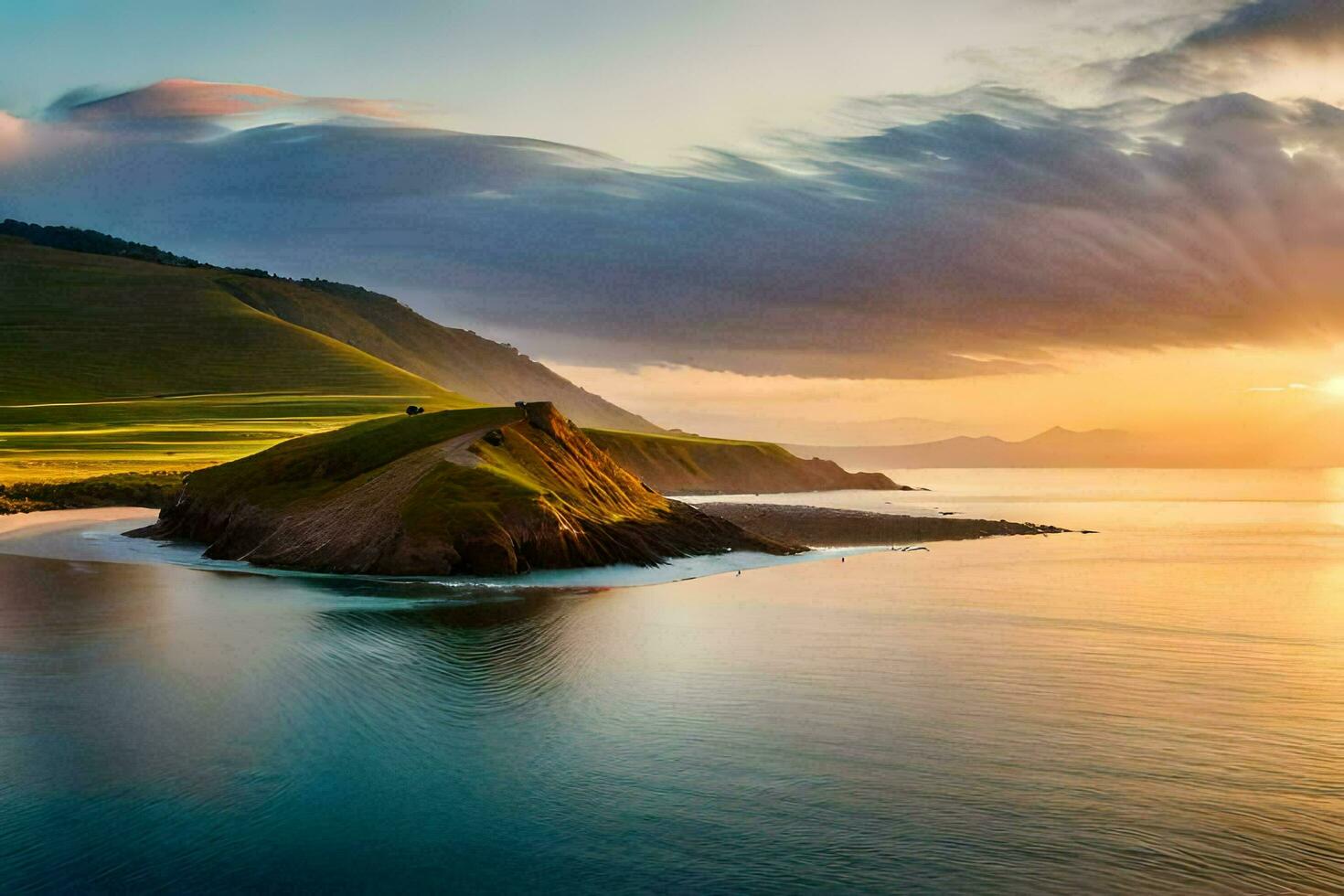 un hermosa puesta de sol terminado el Oceano y un pequeño isla. generado por ai foto