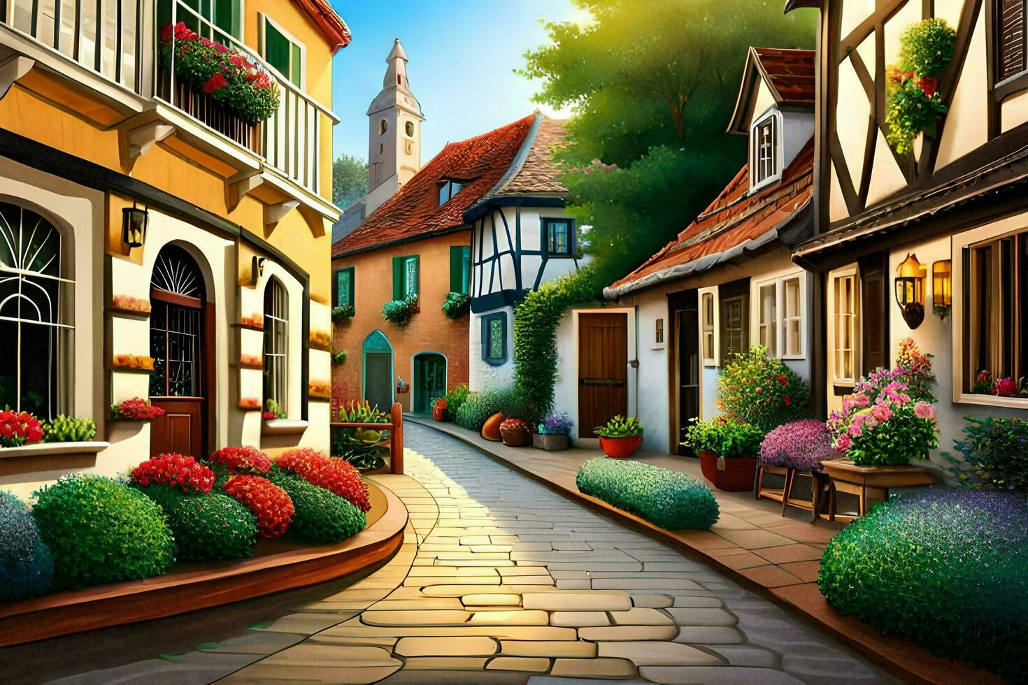 a painting of a street in a small town. AI-Generated photo