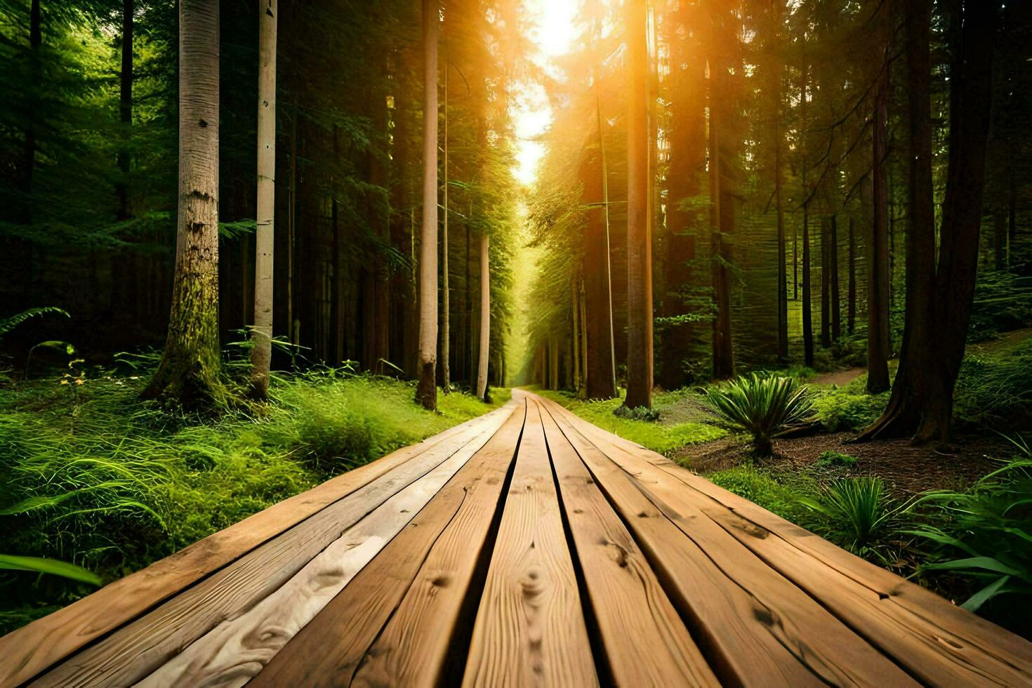 wooden path in the forest with sun shining through. AI-Generated photo