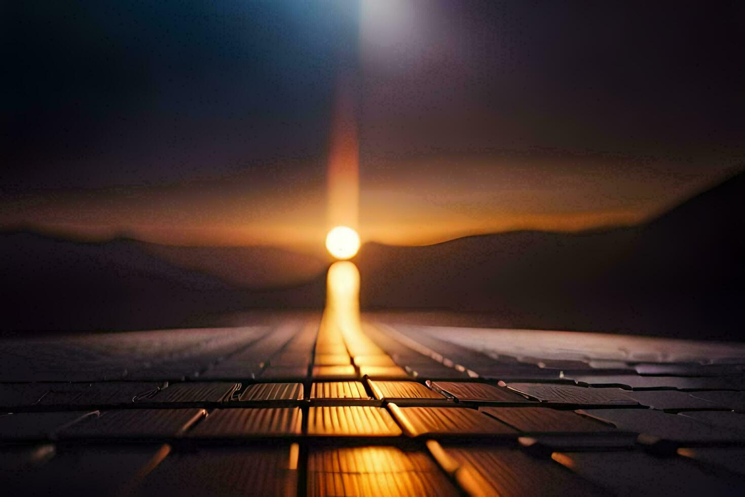 a long road with a sun setting behind it. AI-Generated photo