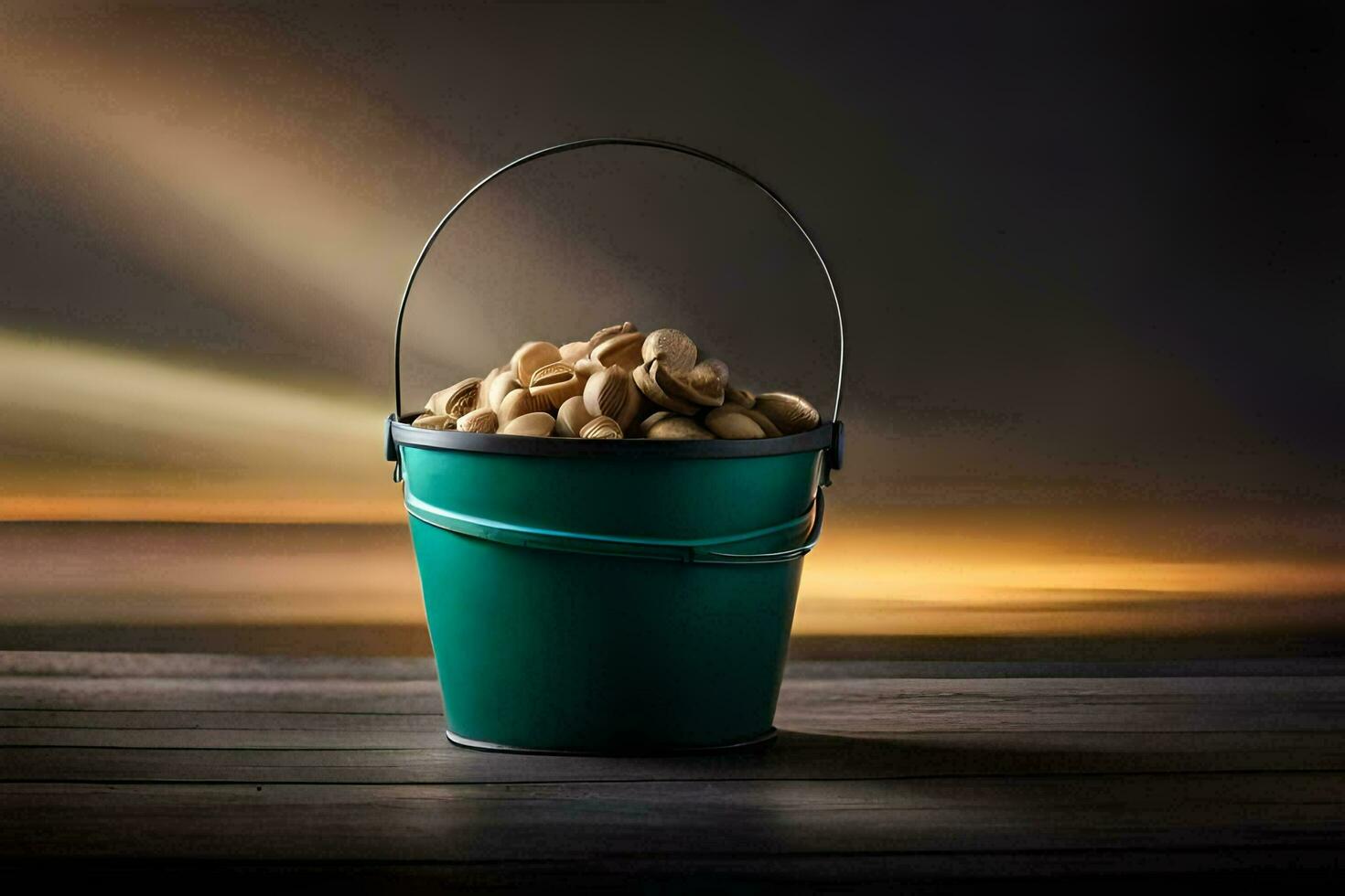a bucket full of peanuts on a wooden table. AI-Generated photo