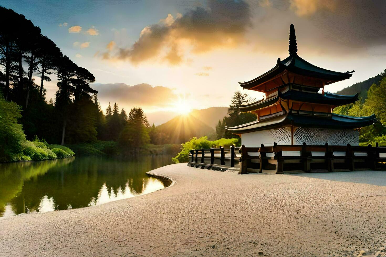 a pagoda sits on the shore of a lake at sunset. AI-Generated photo