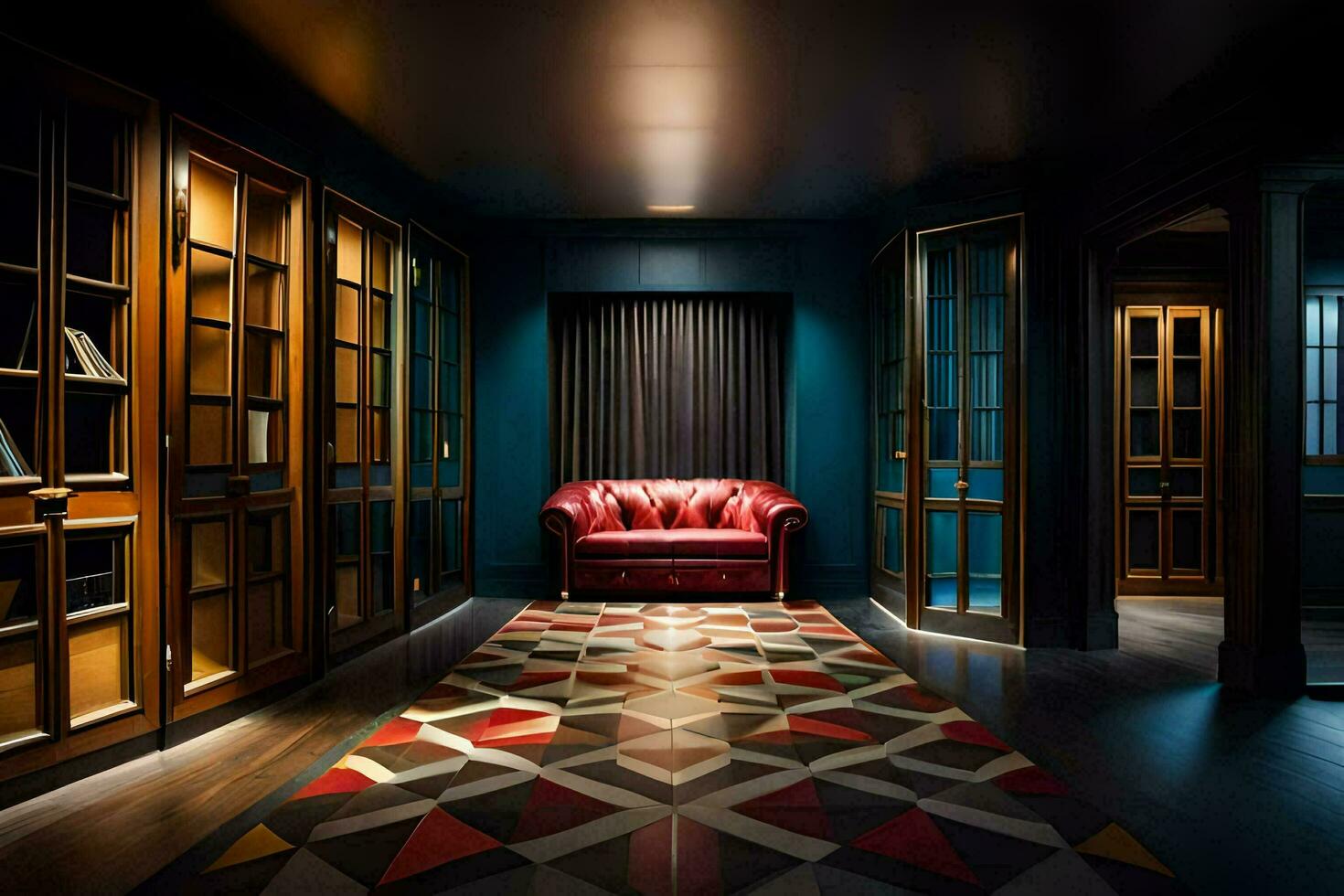 a room with a red chair and a rug. AI-Generated photo