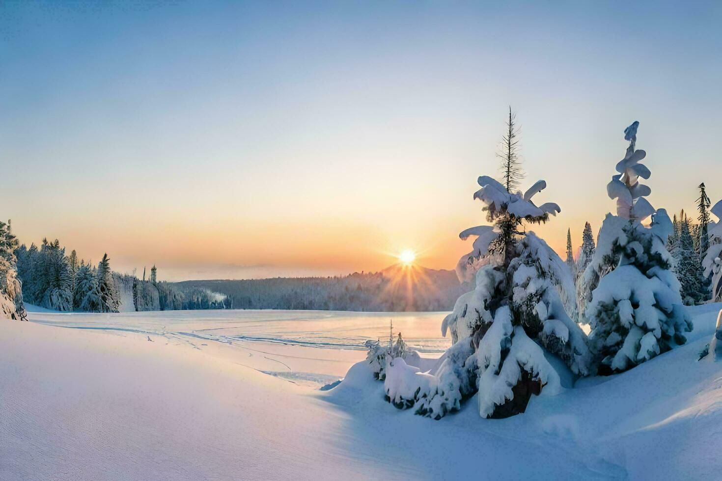 photo wallpaper the sky, snow, trees, the sun, winter, the mountains, the sun. AI-Generated