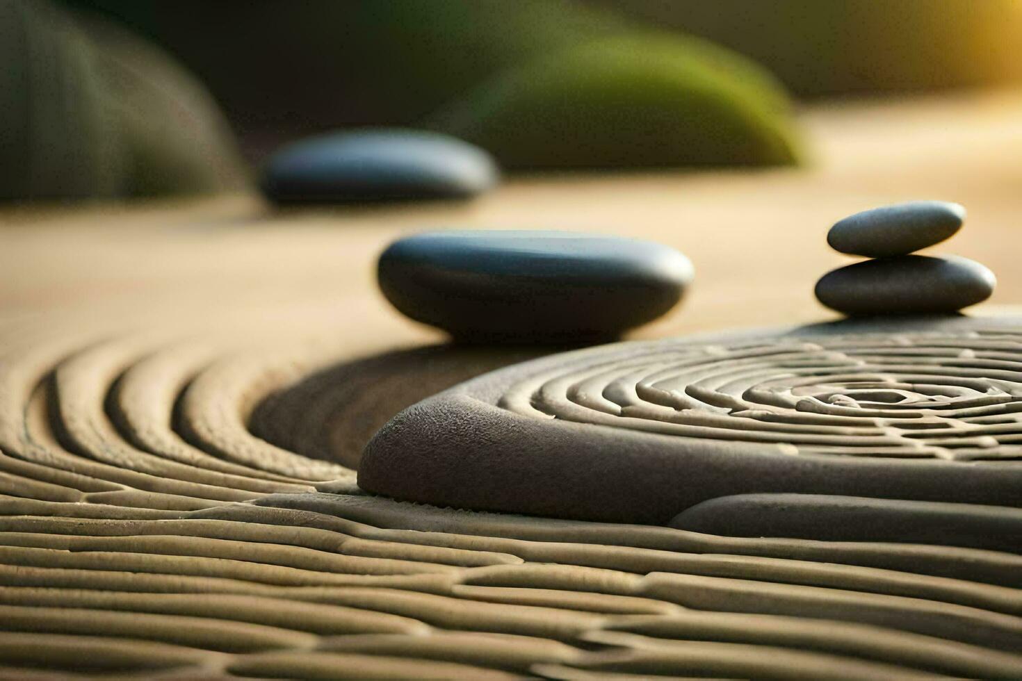 a zen garden with stones and a spiral pattern. AI-Generated photo