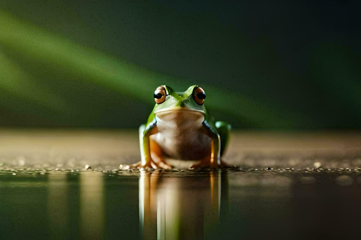 a frog sitting on the ground with its reflection. AI-Generated photo