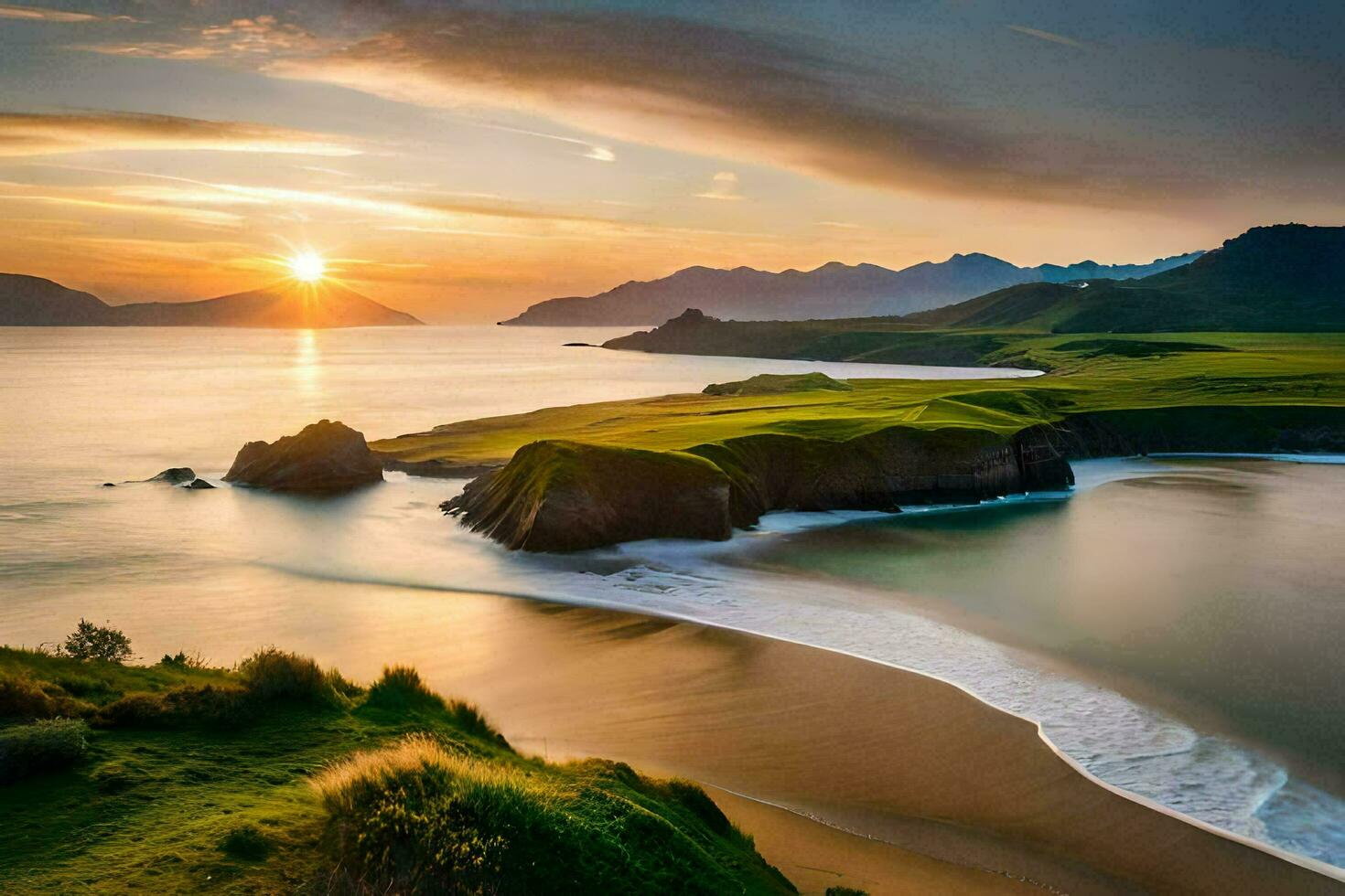 the sun sets over a beach and mountains. AI-Generated photo