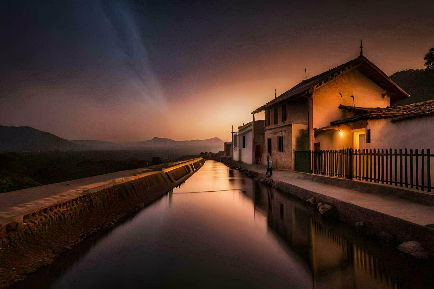 a house at sunset with a small canal in the foreground. AI-Generated photo