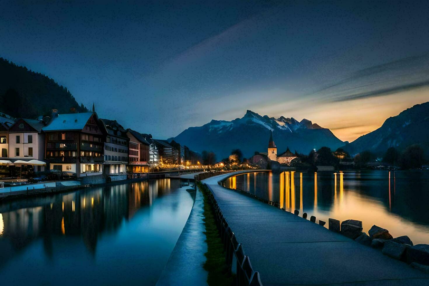 un río y edificios en el pueblo a noche. generado por ai foto