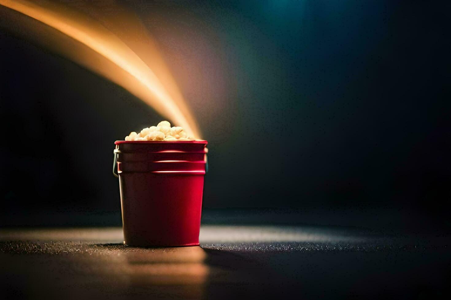 a red cup with popcorn on a table. AI-Generated photo