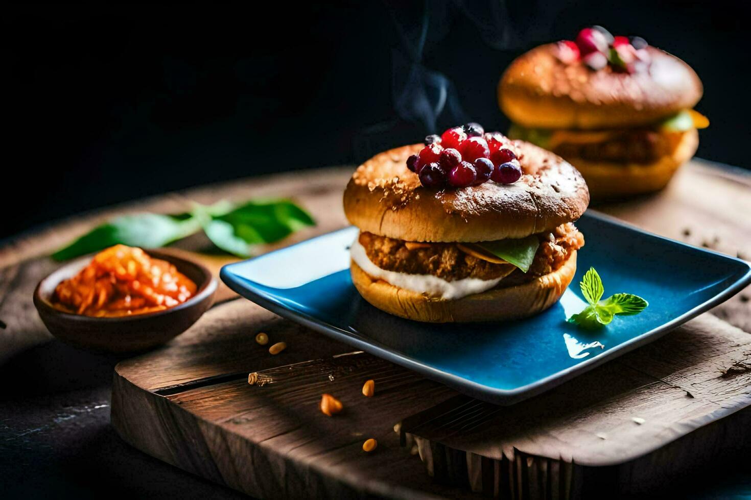 two chicken sandwiches on a blue plate with a garnish. AI-Generated photo