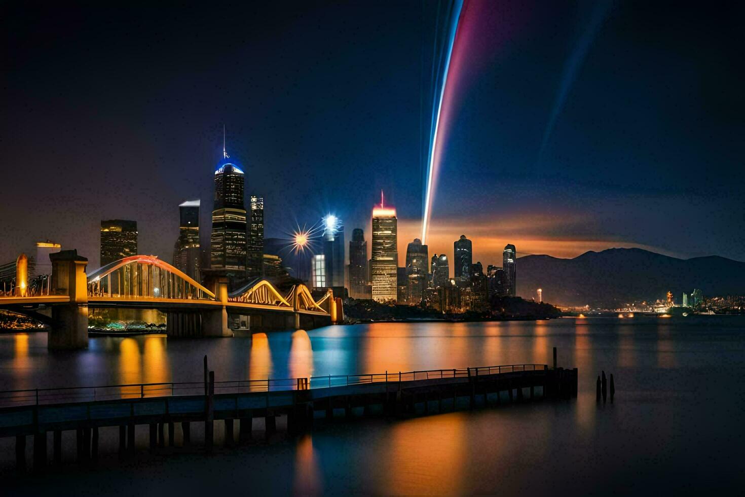 the city skyline is lit up at night with a rainbow. AI-Generated photo