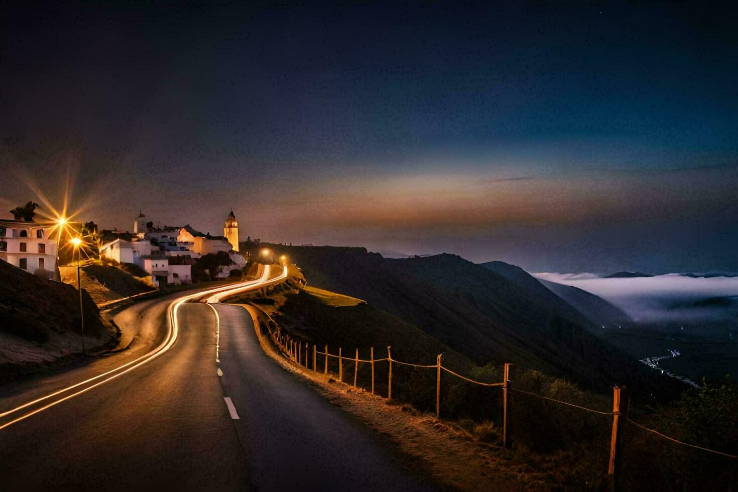 a long exposure photo of a road in the mountains. AI-Generated