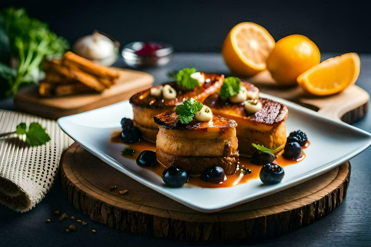 a plate of food with potatoes, blueberries and oranges. AI-Generated photo