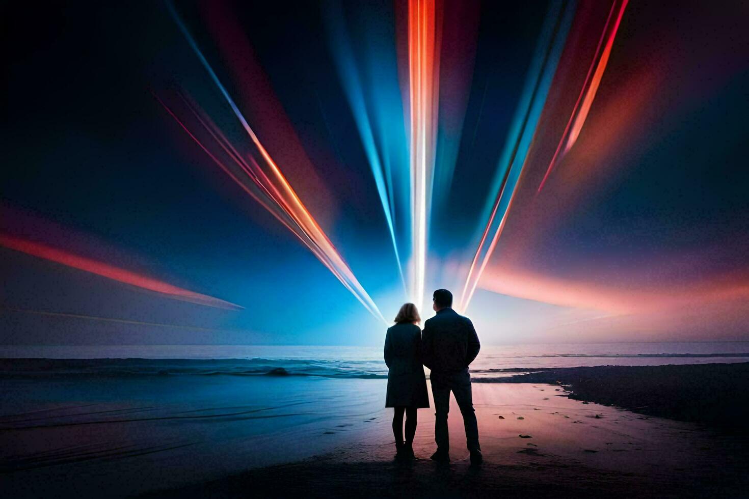 a couple standing on the beach with a bright light trail. AI-Generated photo