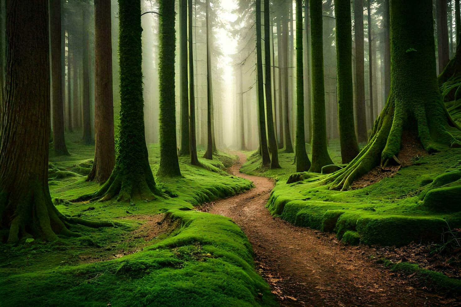 un camino mediante un verde bosque con arboles y musgo. generado por ai foto