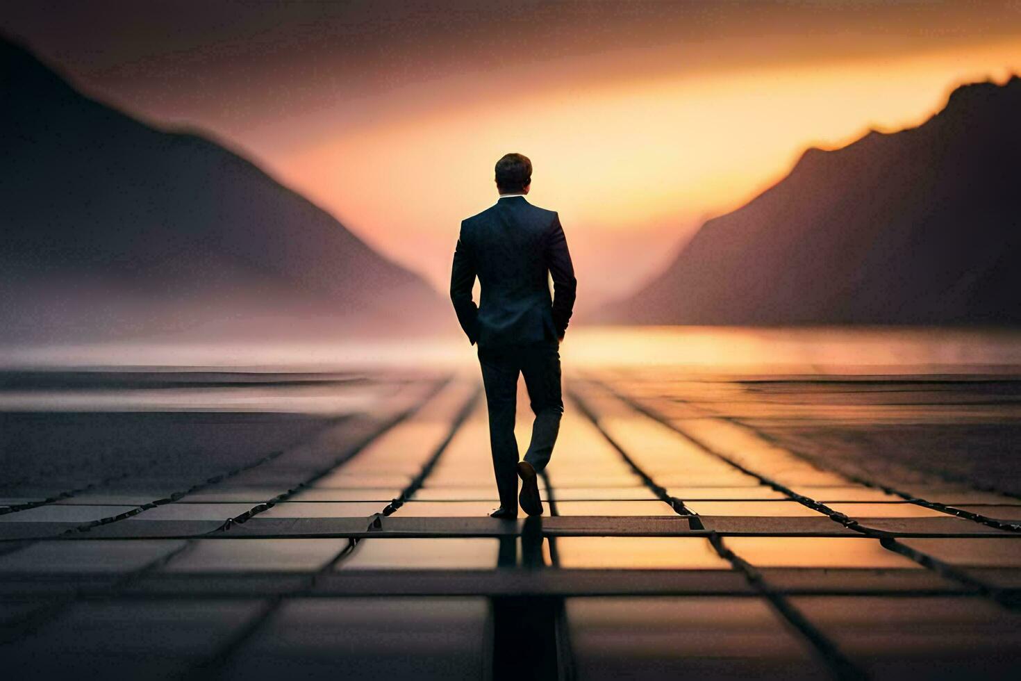 a man in a suit walks along a path in the middle of a lake. AI-Generated photo