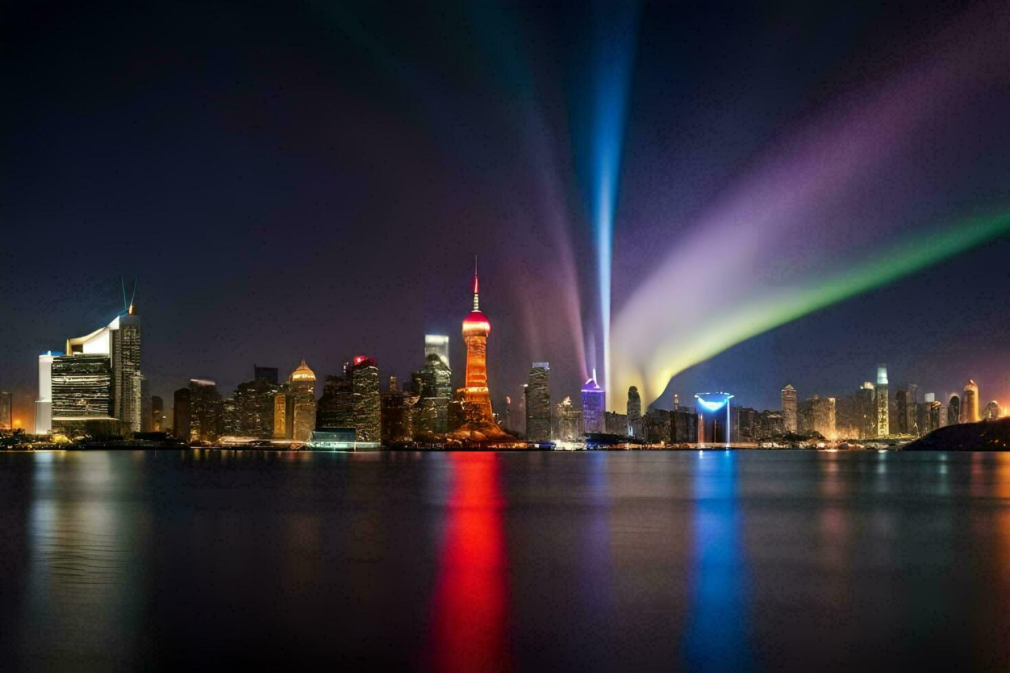 the city skyline is lit up with colorful lights. AI-Generated photo