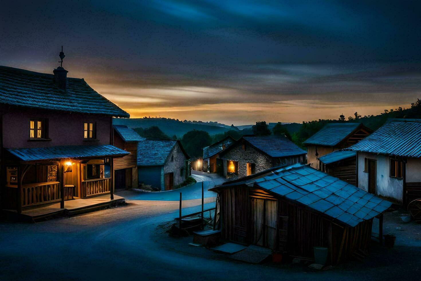 a village at dusk with a dark sky. AI-Generated photo