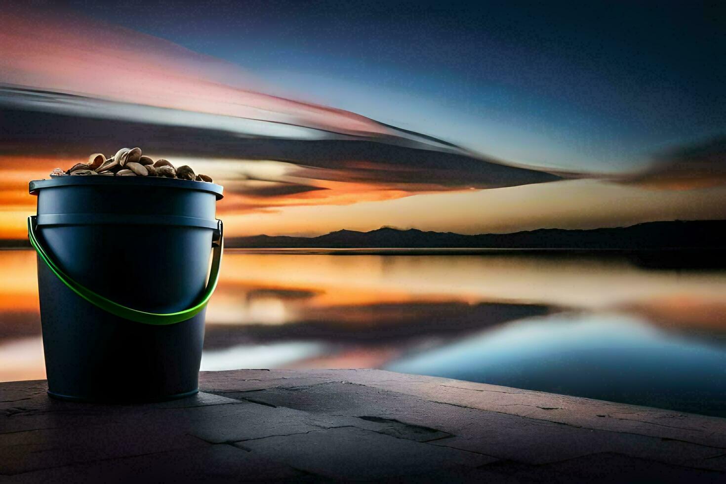 a bucket of nuts on the edge of a lake at sunset. AI-Generated photo