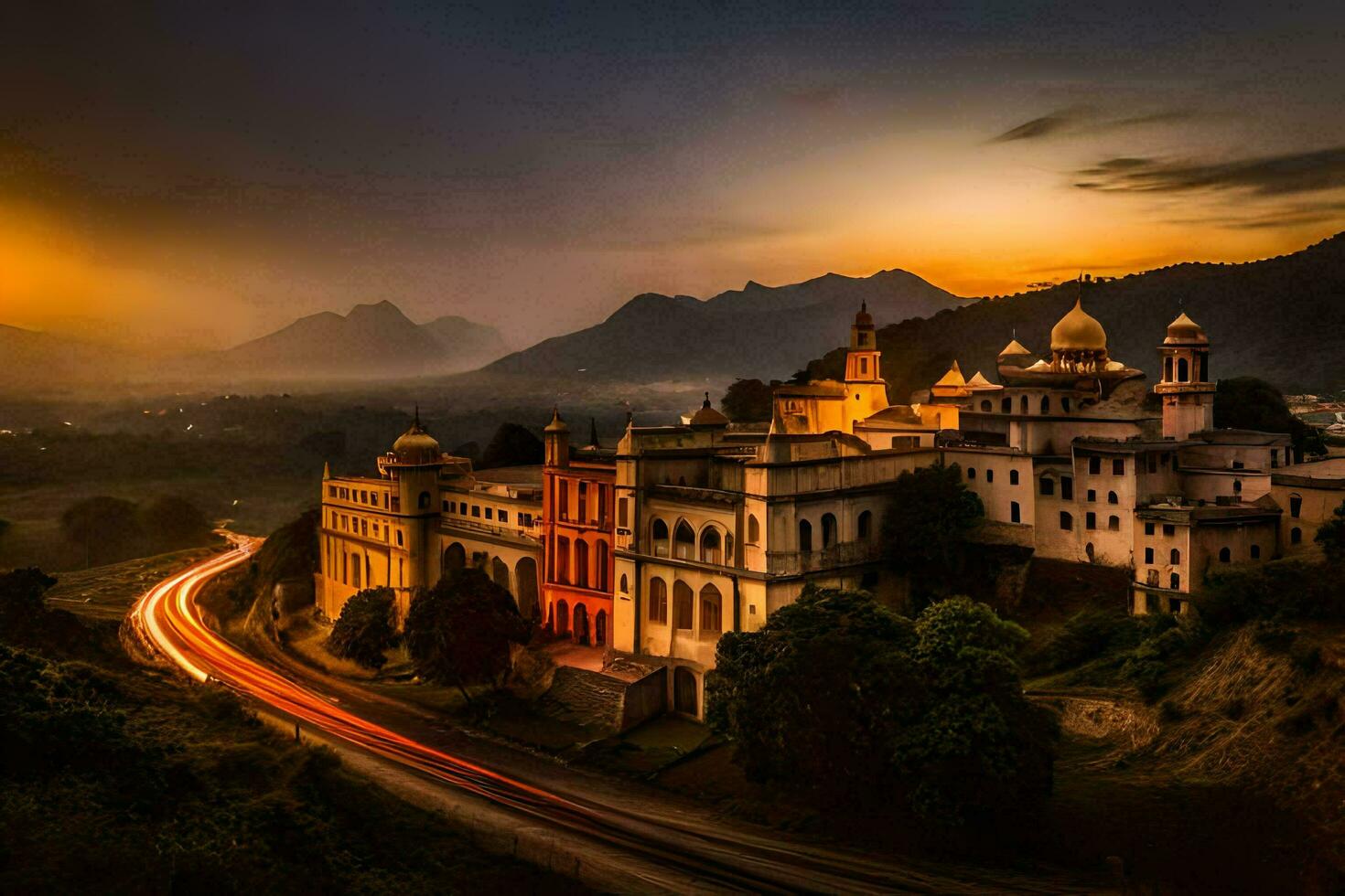 a beautiful old building sits on a hillside at sunset. AI-Generated photo