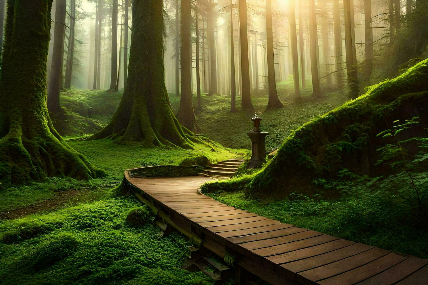a path through a green forest with trees and moss. AI-Generated photo