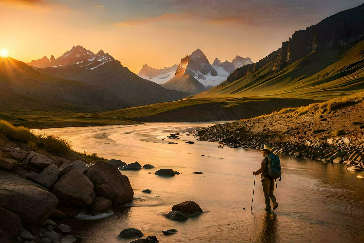 the man is walking along the river with his backpack. AI-Generated photo