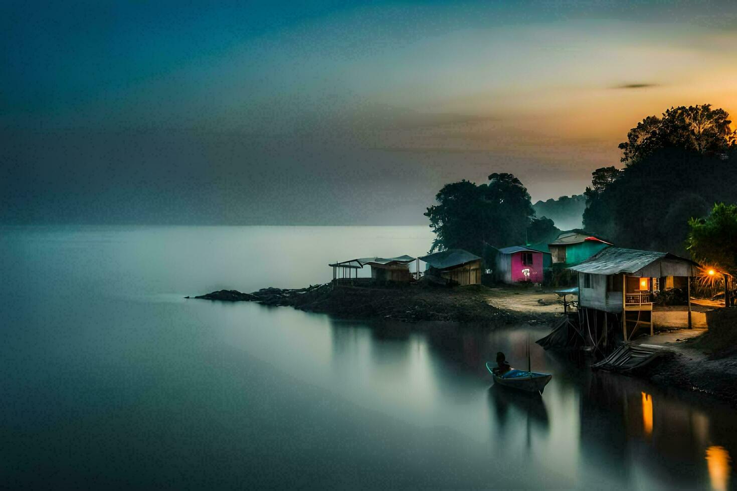 a boat is tied to a dock at sunset. AI-Generated photo