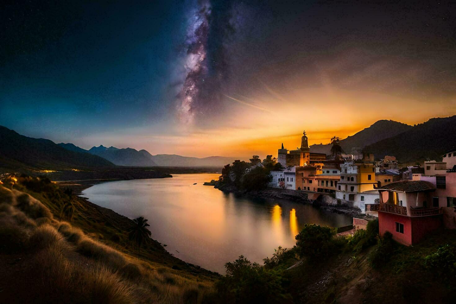 the milky over a river and a town at night. AI-Generated photo