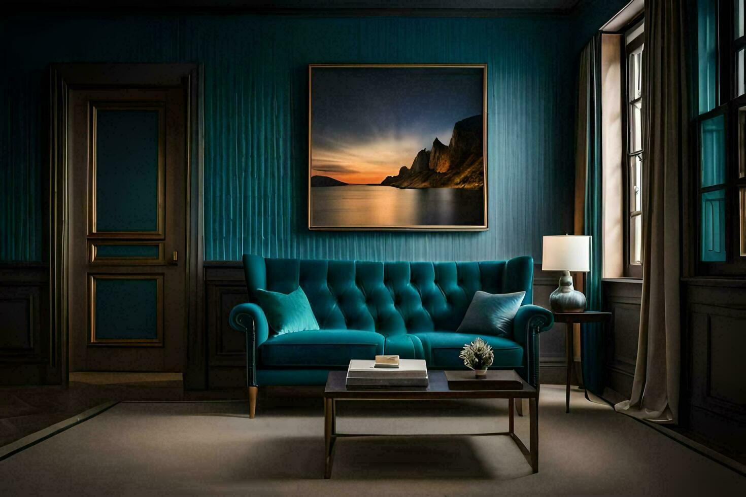 a blue couch in a room with dark wood walls and a painting on the wall. AI-Generated photo