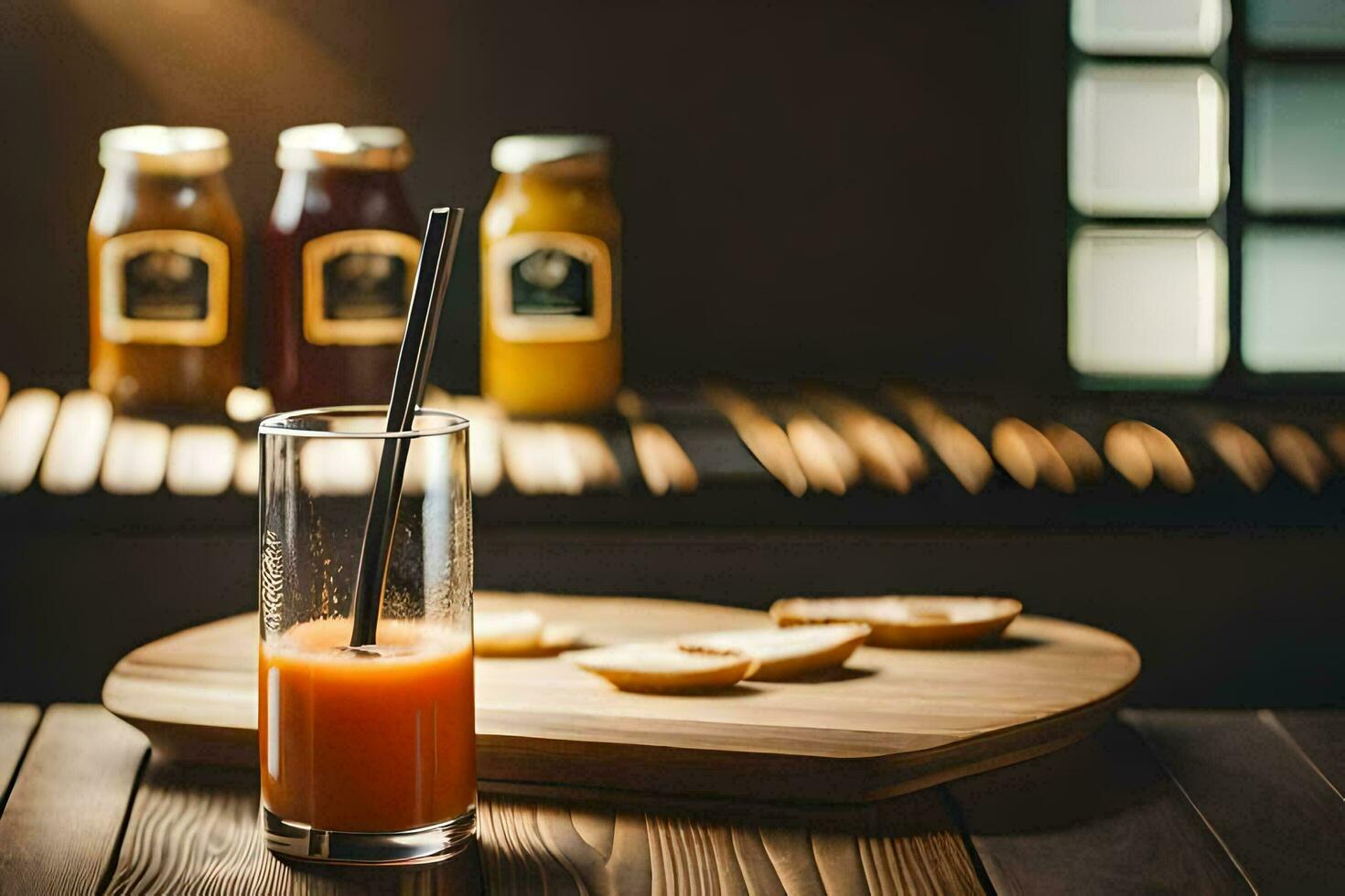 a glass of orange juice with a straw on a wooden table. AI-Generated photo