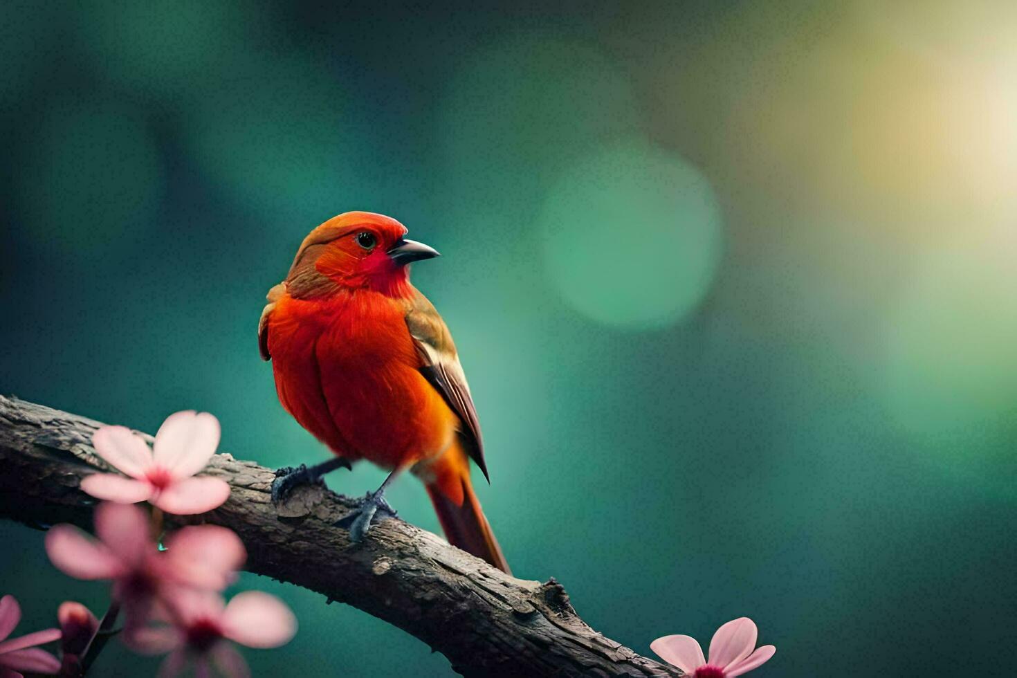 a red bird sitting on a branch with pink flowers. AI-Generated photo