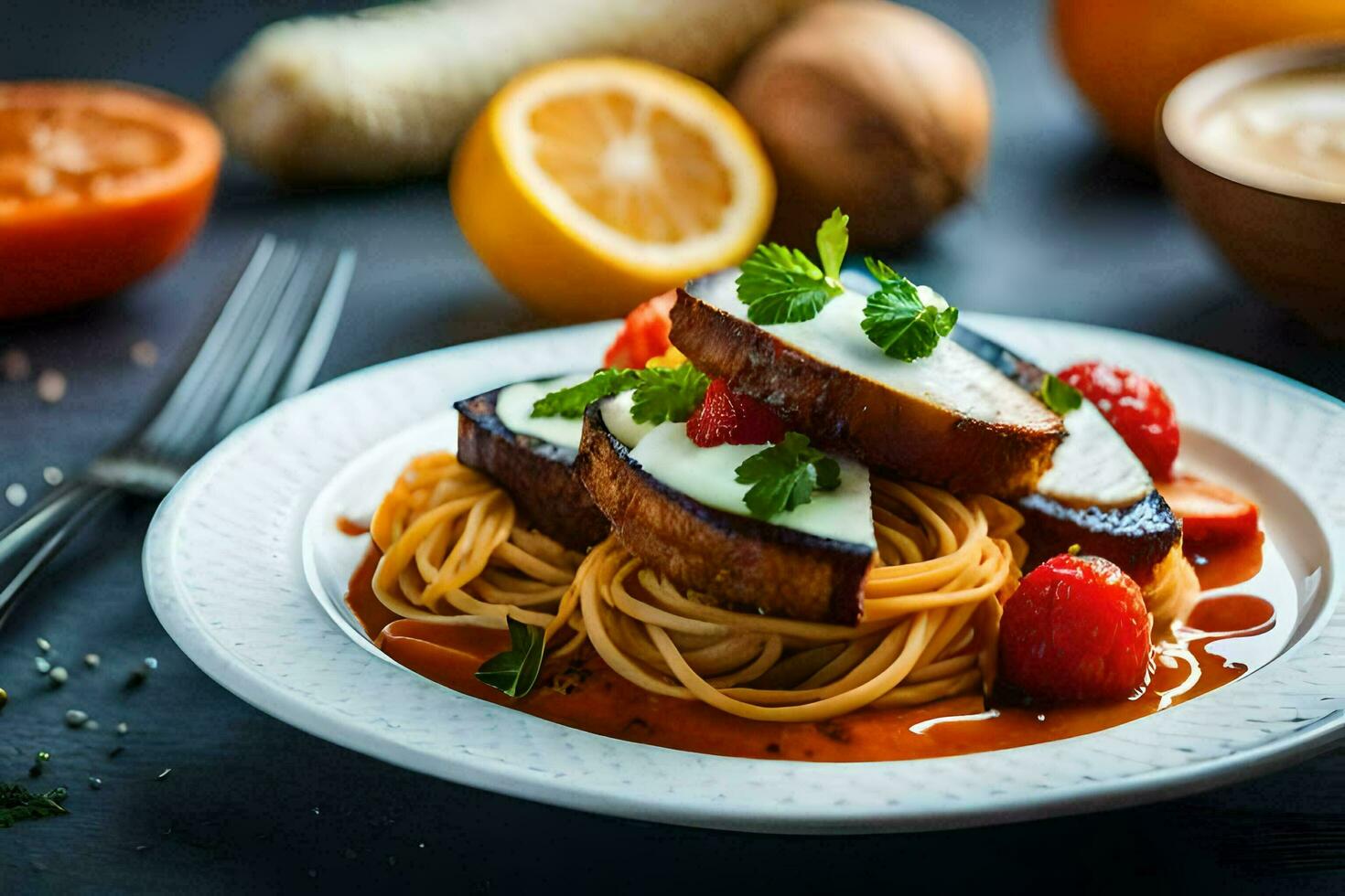 a plate of spaghetti with meat and tomatoes. AI-Generated photo